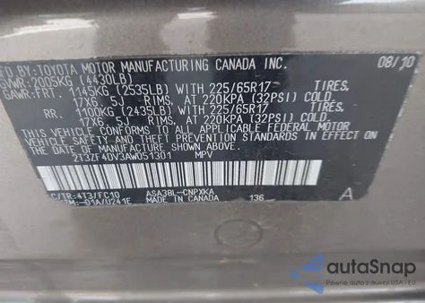 2010 Toyota Rav4 from USA, damaged, VIN 2T3ZF4DV3AW051301